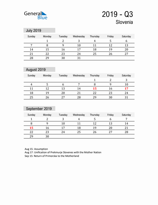 Slovenia Quarter 3 2019 Calendar with Holidays