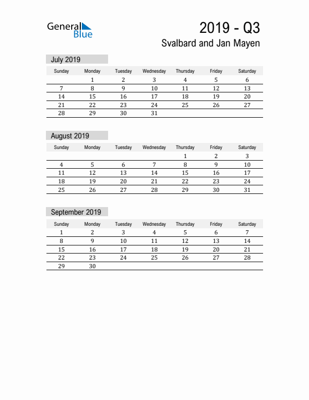 Svalbard and Jan Mayen Quarter 3 2019 Calendar with Holidays