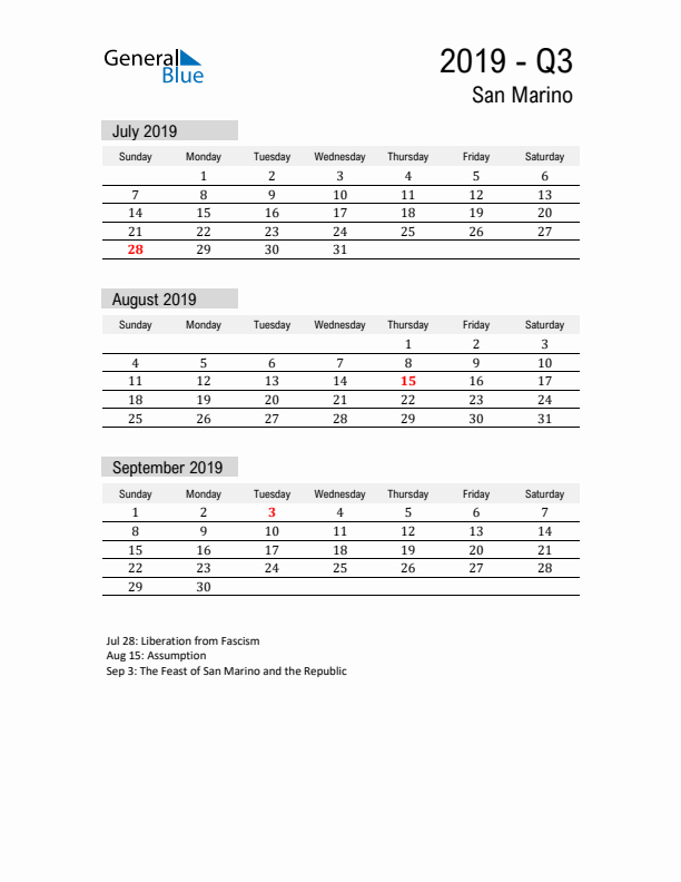 San Marino Quarter 3 2019 Calendar with Holidays