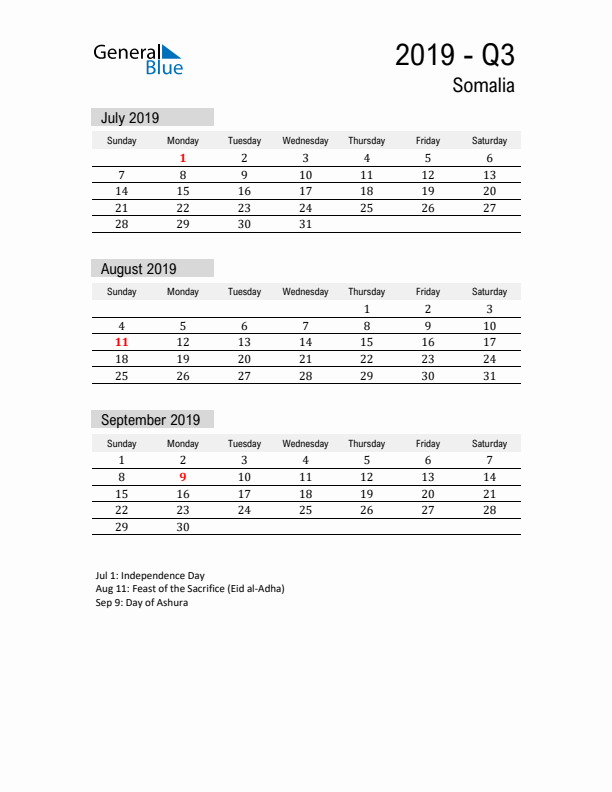 Somalia Quarter 3 2019 Calendar with Holidays