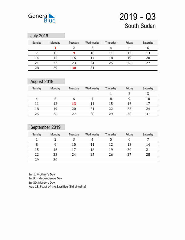 South Sudan Quarter 3 2019 Calendar with Holidays