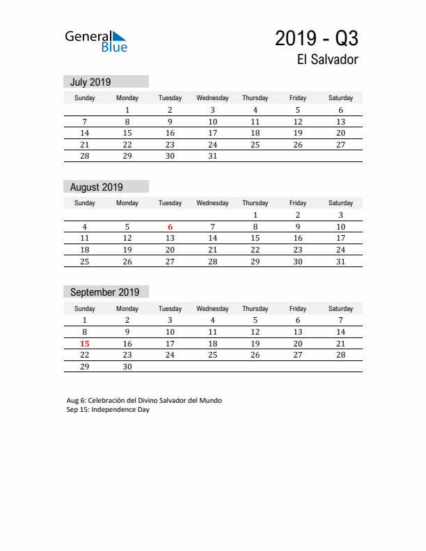 El Salvador Quarter 3 2019 Calendar with Holidays