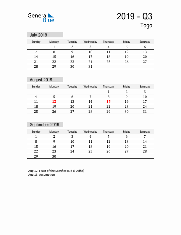 Togo Quarter 3 2019 Calendar with Holidays