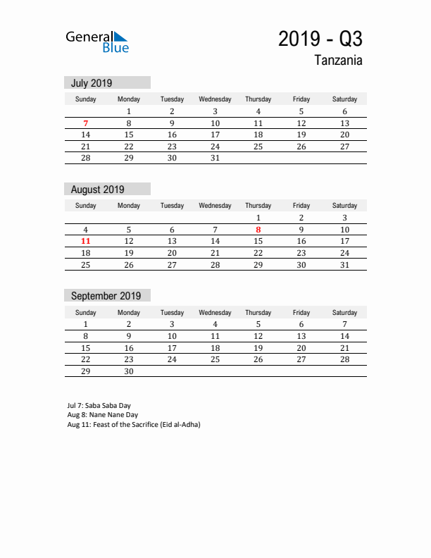 Tanzania Quarter 3 2019 Calendar with Holidays