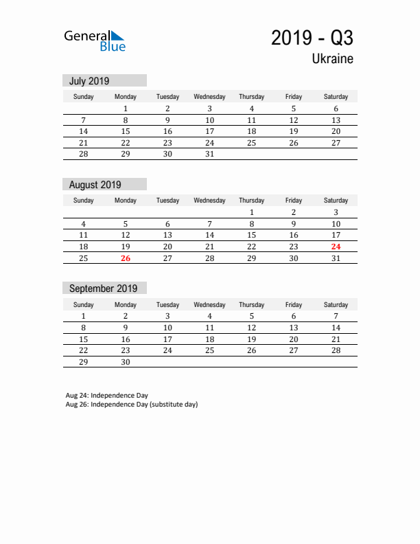 Ukraine Quarter 3 2019 Calendar with Holidays