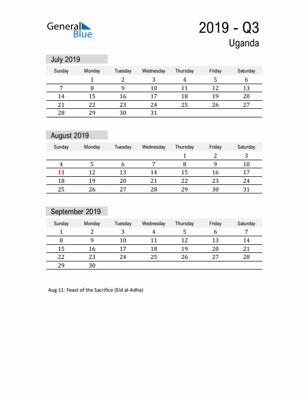 Uganda Quarter 3 2019 Calendar with Holidays