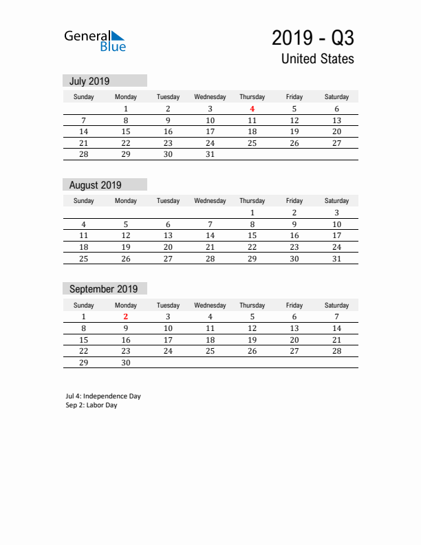 United States Quarter 3 2019 Calendar with Holidays