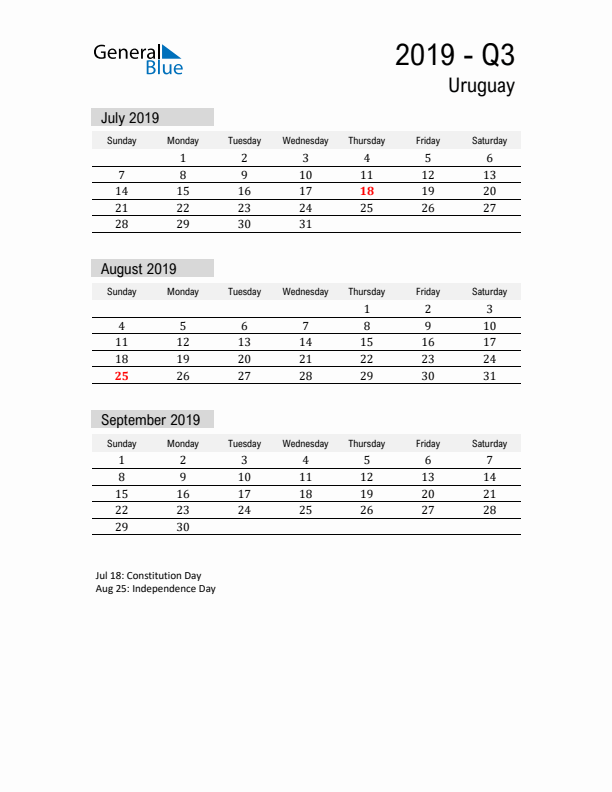 Uruguay Quarter 3 2019 Calendar with Holidays