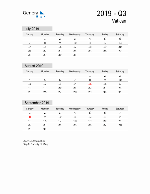 Vatican Quarter 3 2019 Calendar with Holidays