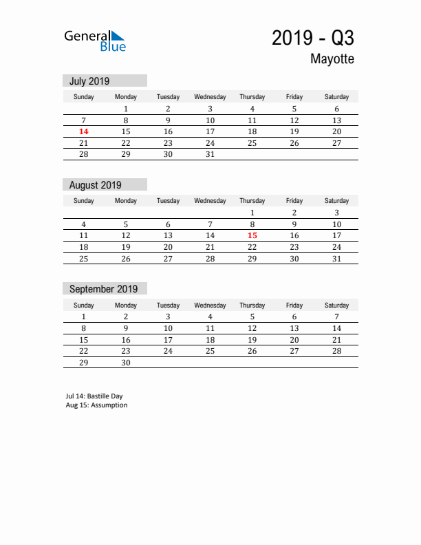 Mayotte Quarter 3 2019 Calendar with Holidays