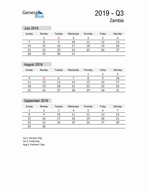 Zambia Quarter 3 2019 Calendar with Holidays