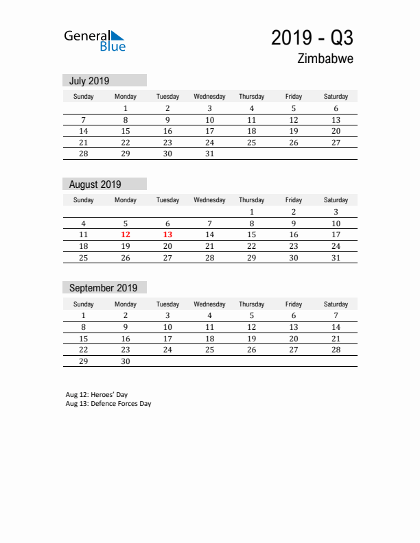 Zimbabwe Quarter 3 2019 Calendar with Holidays