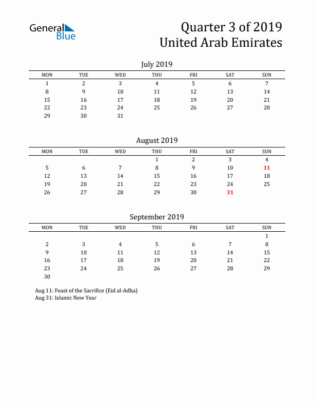 Quarter 3 2019 United Arab Emirates Quarterly Calendar