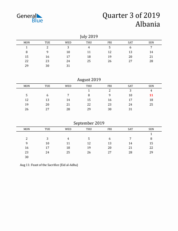 Quarter 3 2019 Albania Quarterly Calendar