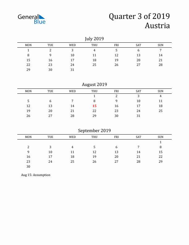 Quarter 3 2019 Austria Quarterly Calendar