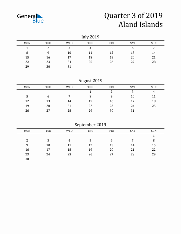 Quarter 3 2019 Aland Islands Quarterly Calendar