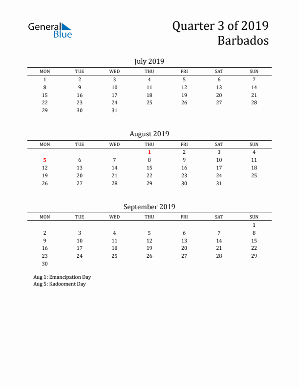 Quarter 3 2019 Barbados Quarterly Calendar