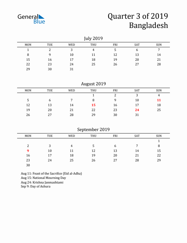 Quarter 3 2019 Bangladesh Quarterly Calendar