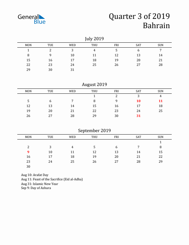 Quarter 3 2019 Bahrain Quarterly Calendar