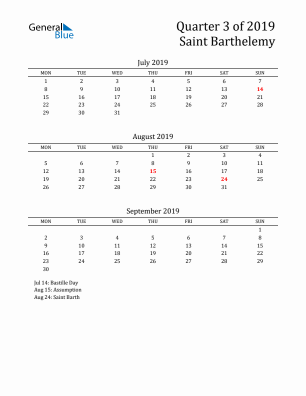 Quarter 3 2019 Saint Barthelemy Quarterly Calendar