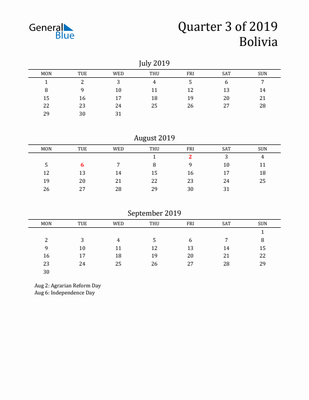 Quarter 3 2019 Bolivia Quarterly Calendar