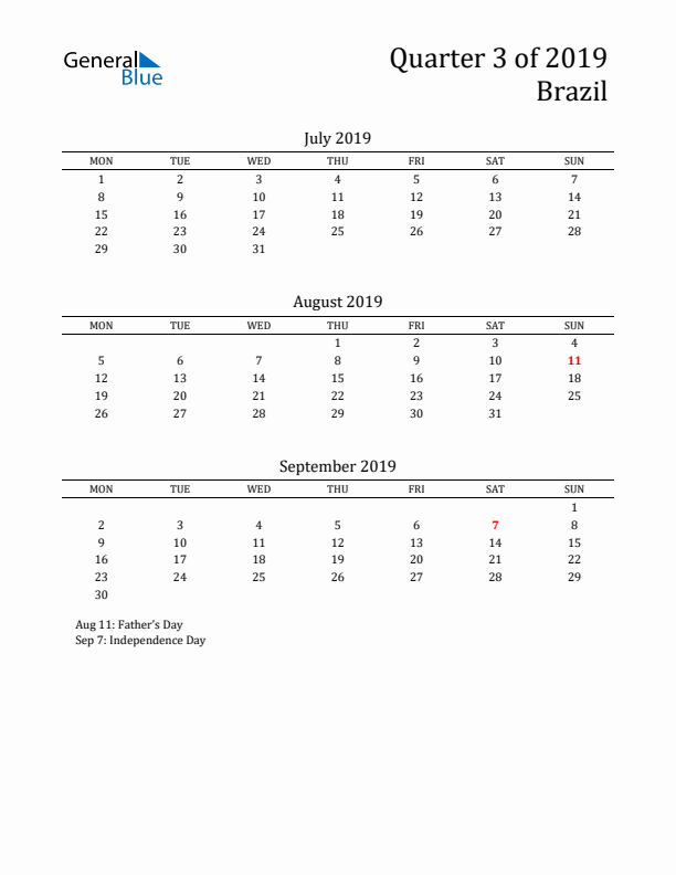 Quarter 3 2019 Brazil Quarterly Calendar