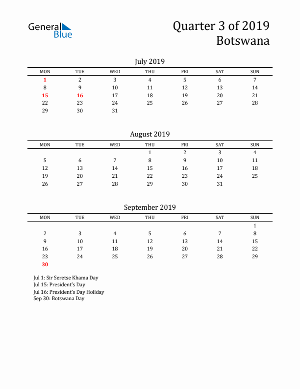 Quarter 3 2019 Botswana Quarterly Calendar