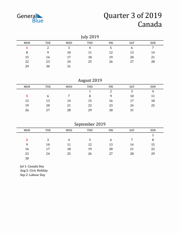 Quarter 3 2019 Canada Quarterly Calendar