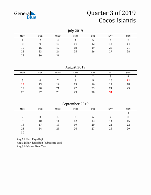 Quarter 3 2019 Cocos Islands Quarterly Calendar