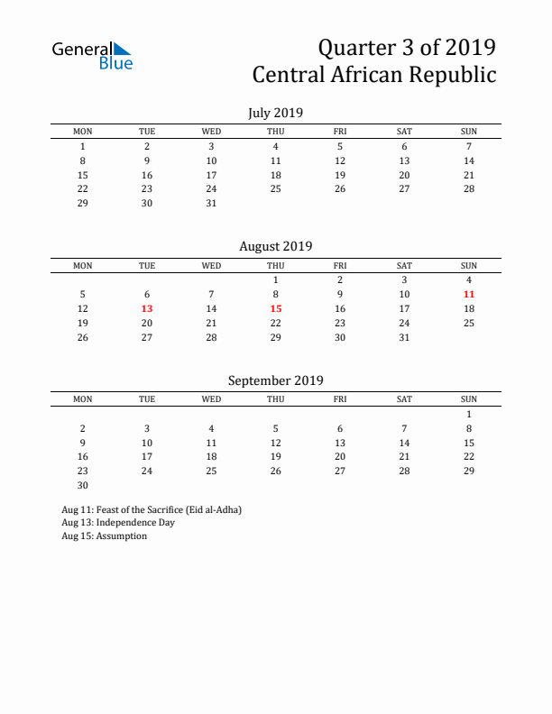 Quarter 3 2019 Central African Republic Quarterly Calendar