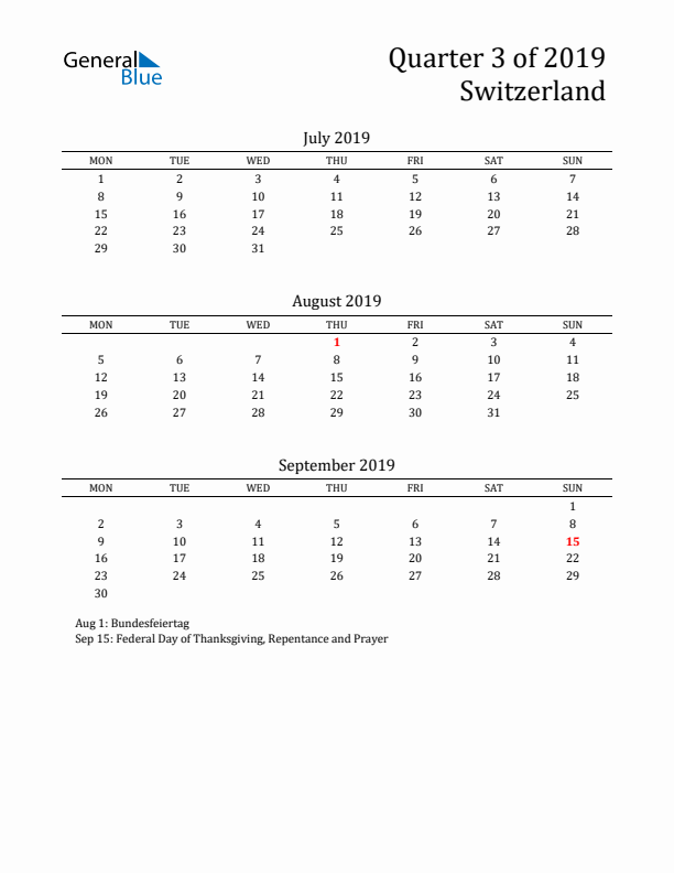 Quarter 3 2019 Switzerland Quarterly Calendar