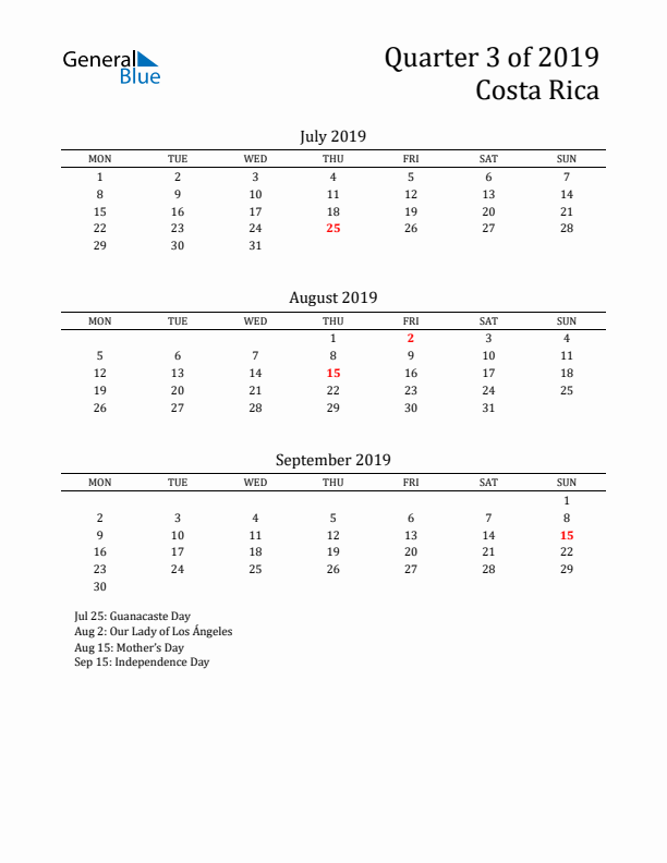 Quarter 3 2019 Costa Rica Quarterly Calendar