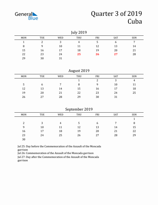 Quarter 3 2019 Cuba Quarterly Calendar