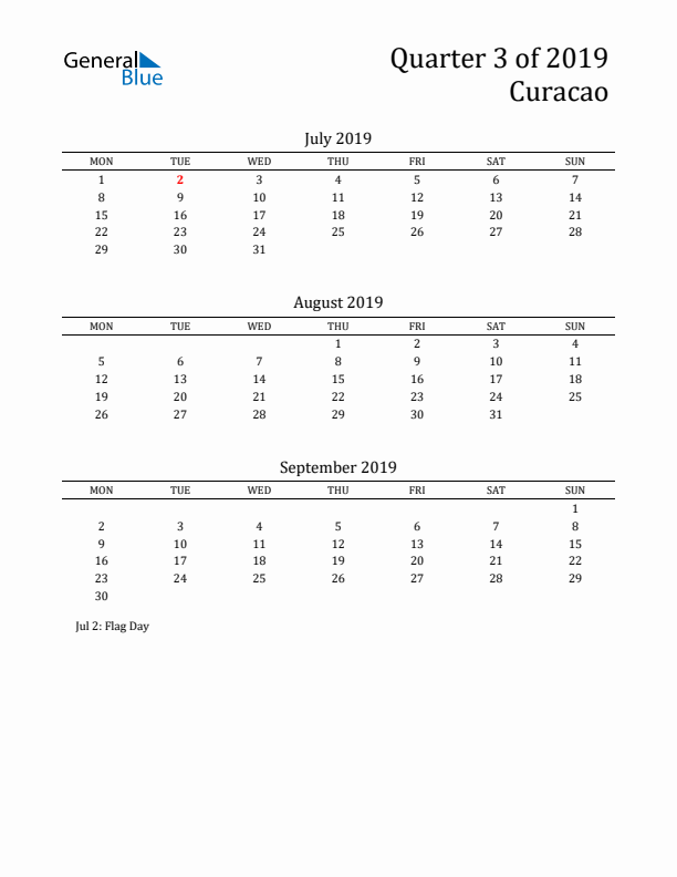 Quarter 3 2019 Curacao Quarterly Calendar