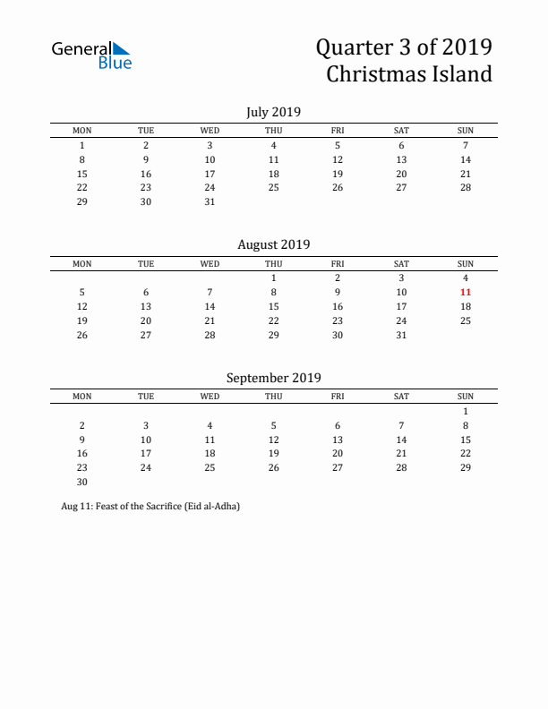 Quarter 3 2019 Christmas Island Quarterly Calendar