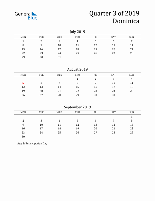 Quarter 3 2019 Dominica Quarterly Calendar