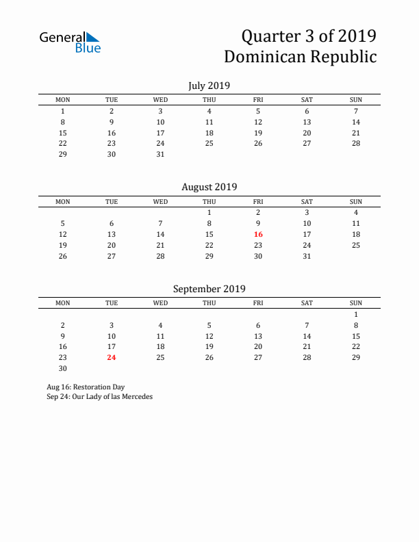 Quarter 3 2019 Dominican Republic Quarterly Calendar