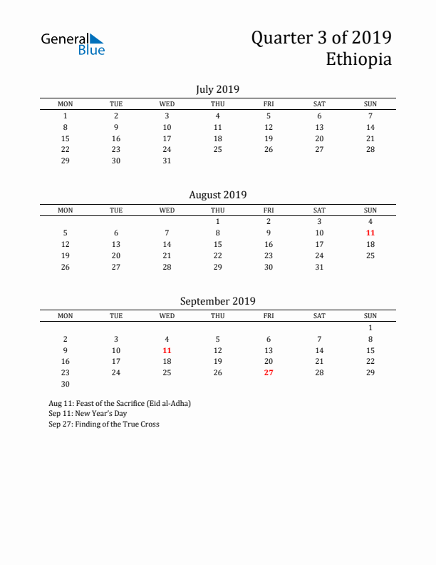 Quarter 3 2019 Ethiopia Quarterly Calendar