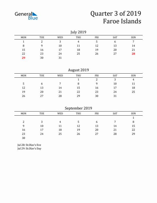 Quarter 3 2019 Faroe Islands Quarterly Calendar