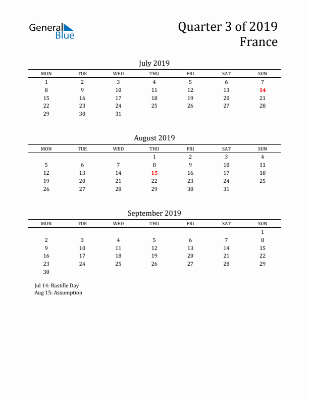 Quarter 3 2019 France Quarterly Calendar