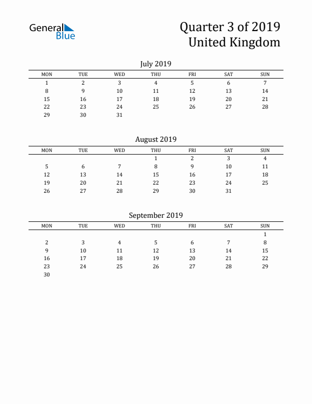 Quarter 3 2019 United Kingdom Quarterly Calendar