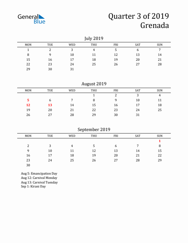 Quarter 3 2019 Grenada Quarterly Calendar