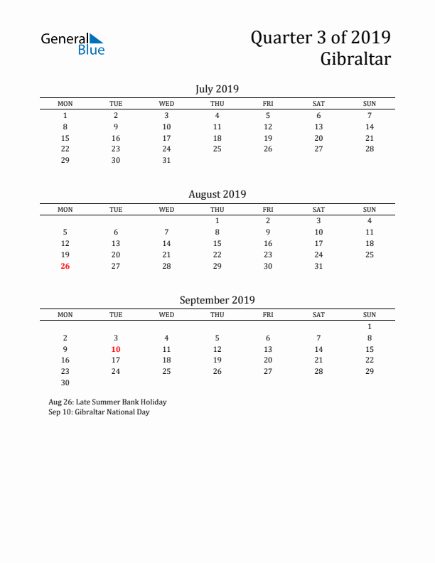 Quarter 3 2019 Gibraltar Quarterly Calendar