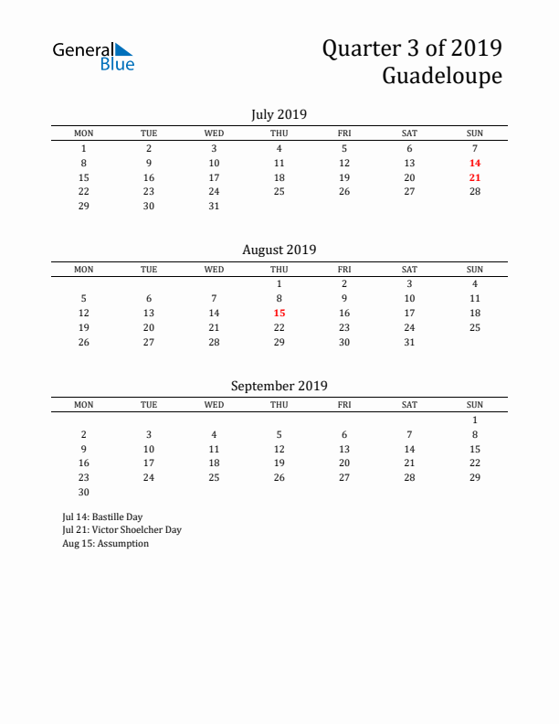 Quarter 3 2019 Guadeloupe Quarterly Calendar