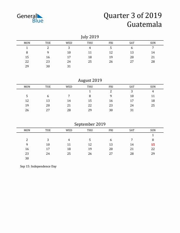 Quarter 3 2019 Guatemala Quarterly Calendar