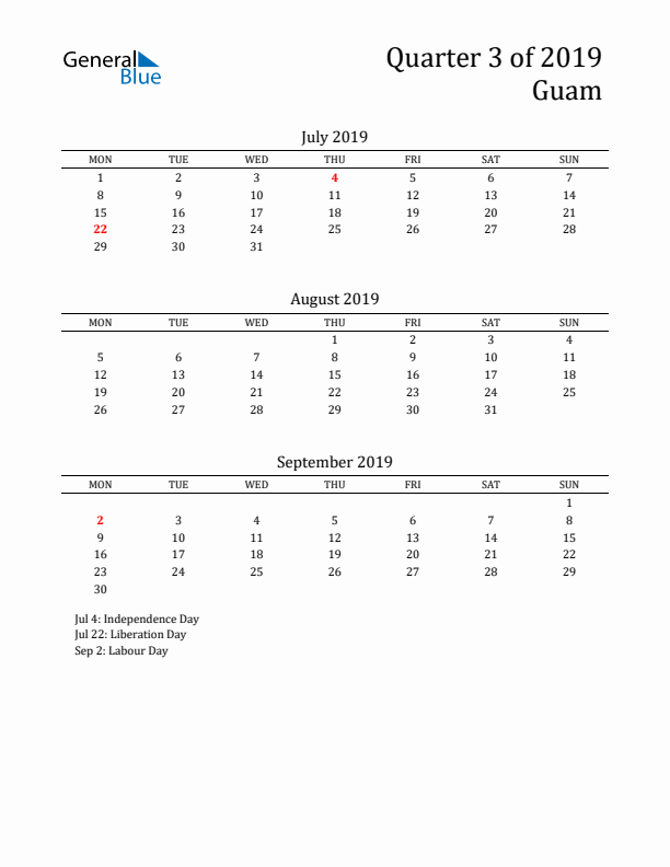 Quarter 3 2019 Guam Quarterly Calendar