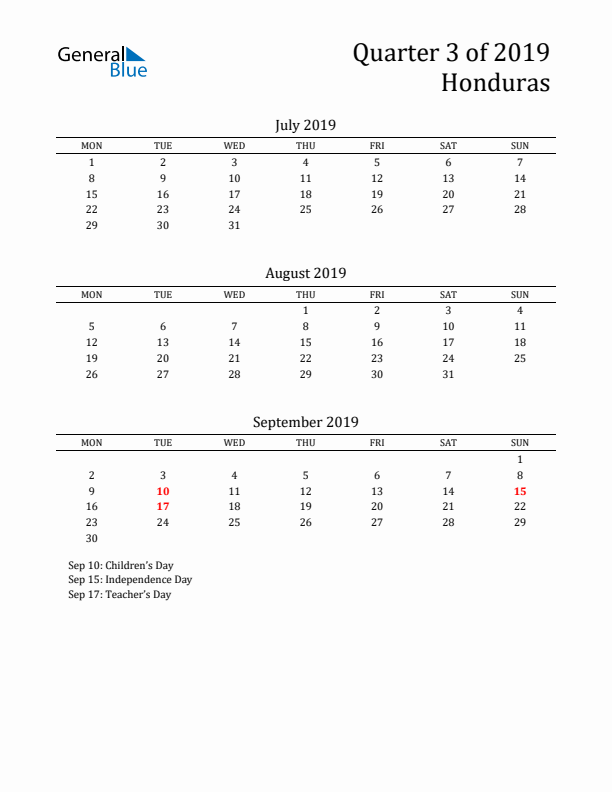 Quarter 3 2019 Honduras Quarterly Calendar