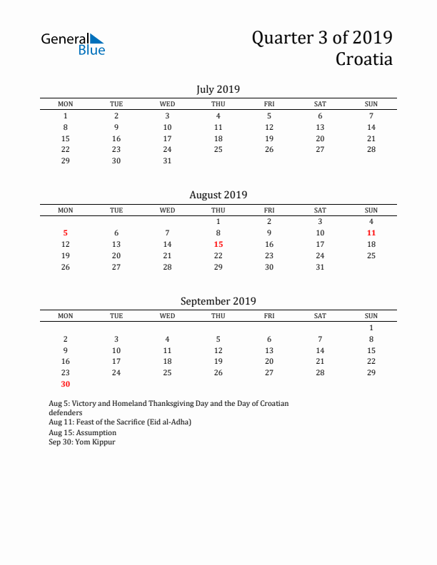 Quarter 3 2019 Croatia Quarterly Calendar