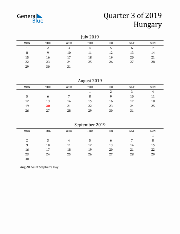 Quarter 3 2019 Hungary Quarterly Calendar