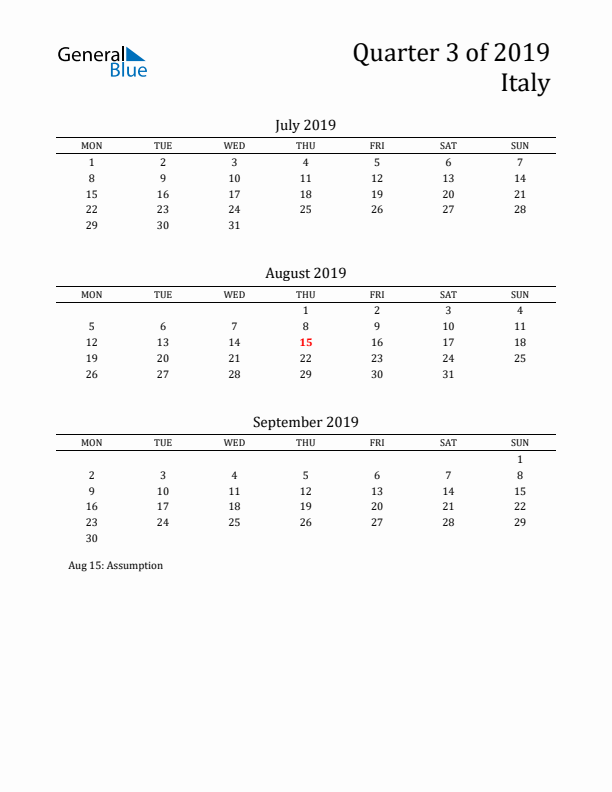 Quarter 3 2019 Italy Quarterly Calendar